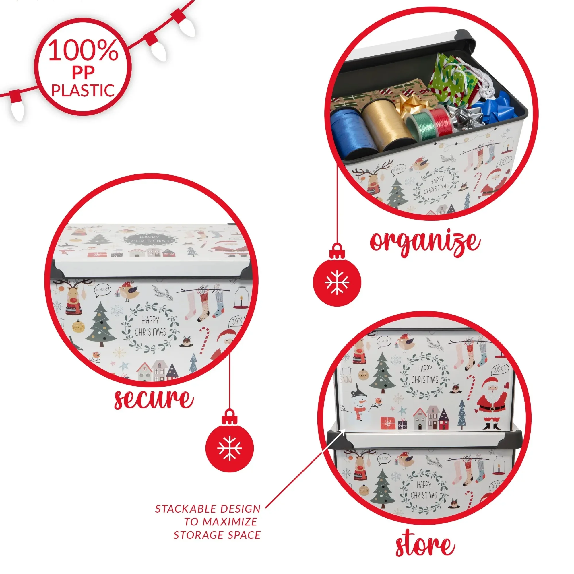 Simplify Contenedor de Almacenamiento de Plástico con Diseño "Feliz Navidad" de 7,48 Galones