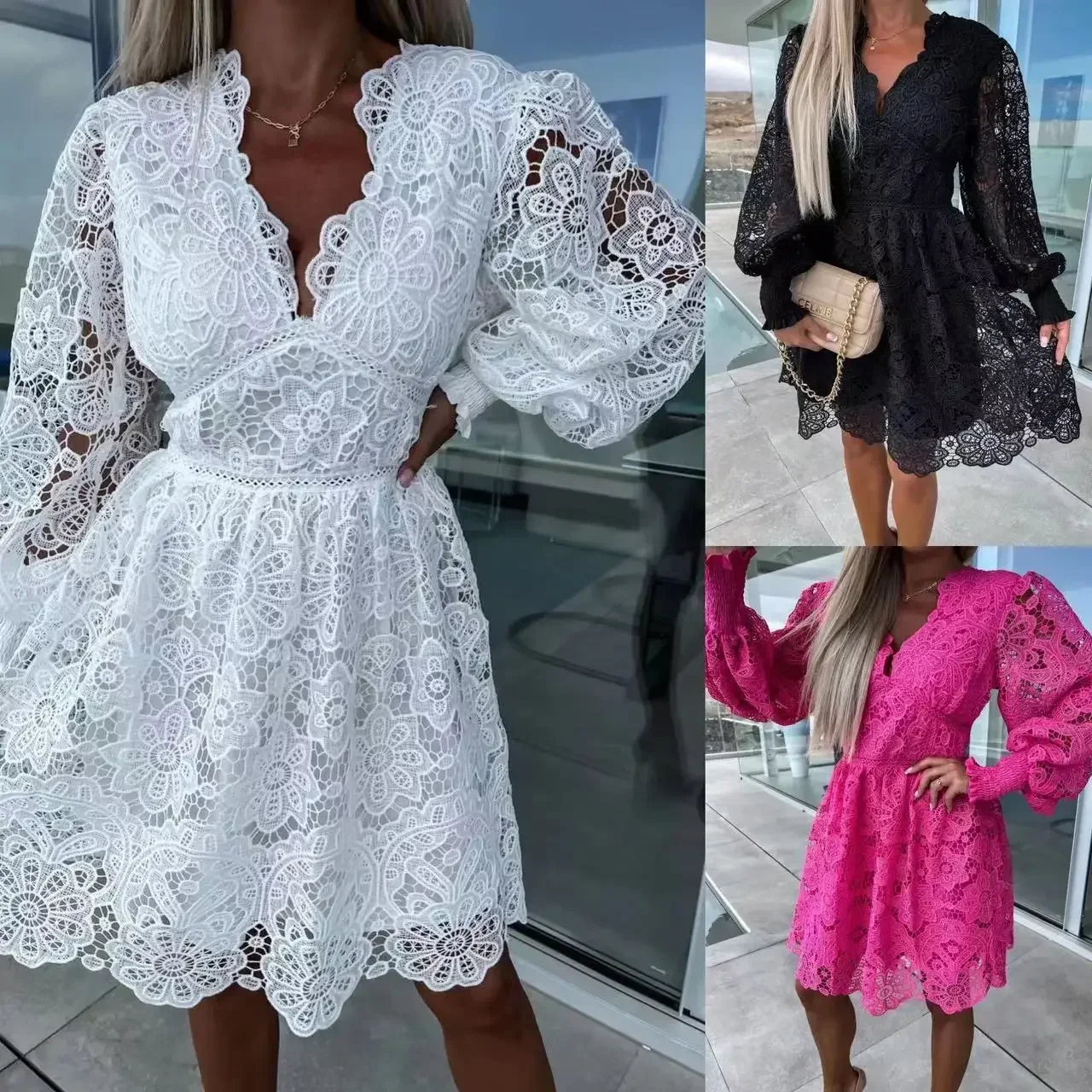 

Women White Shirt Dress Guipure Lace Patch with Cami Dresses Spring Wedding Hollow Out Loose Y2k Party Prom Holiday Vestidos