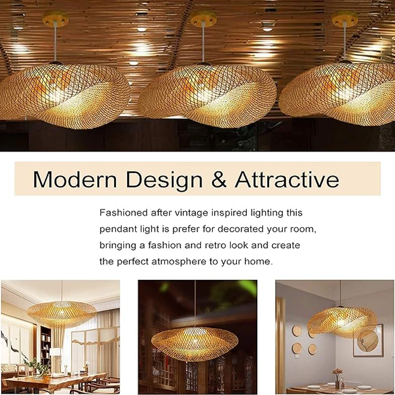 ZK40 Natural Bamboo Straw Hat Lampshade Handmade Bamboo Chandelier Indoor Restaurant Decorative Lighting Lamp E27