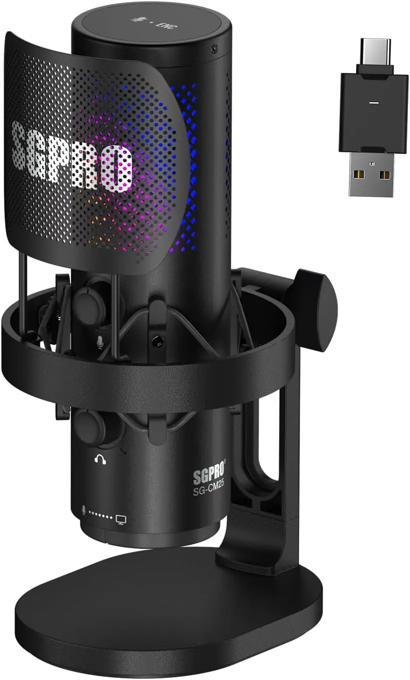 Wireless USB Microphone for Streaming, Podcast, Gaming Condenser Mic with RGB, Noise Cancellation, Tap to Mute, 24-bit/48kHz Recording, Includes Shock Mount & Pop Filter, PC/Mac/Mobile