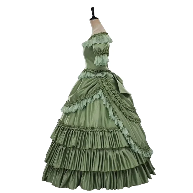 Gotisches viktorianisches Rokoko-Abschlussballkleid aus dem Südlichen Bürgerkrieg, Kostüm, U-Ausschnitt, Falten, gerüschtes grünes Vintage-Abendkleid, individuell gestaltet