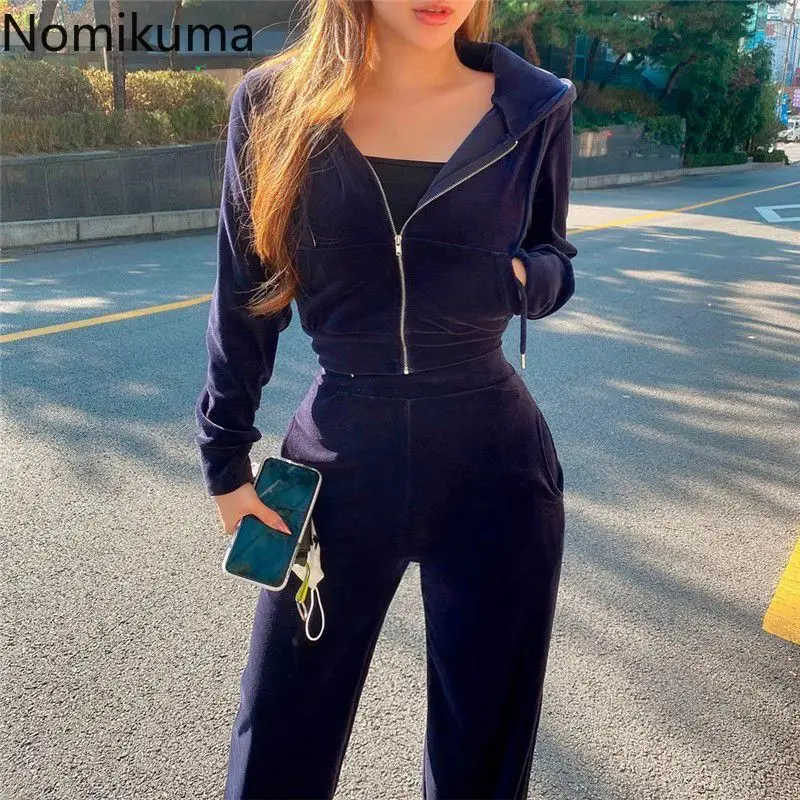 Two Piece Sets Womens Outfits Hooded Zipper Crop Jackets High Waist Straight Wide Leg Pants Suit Casual Fashion Velvet Y2k Set