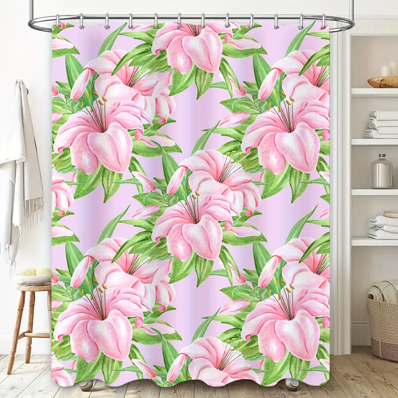 Beautiful Watercolor Flower Print Shower Curtain Pink Lily Bath Decor Privacy Room Divider Home Decoration Accessories 72x84 inc
