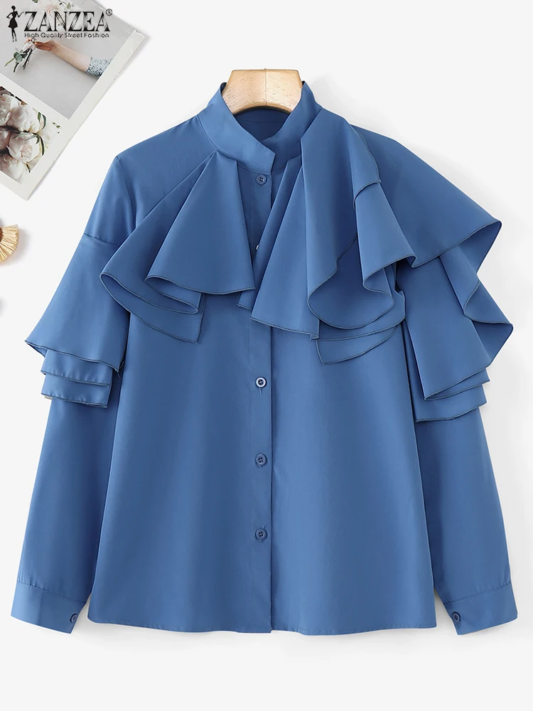 Femmes chemises 2025 ZANZEA élégant bureau dame Blouse à volants couture automne 3D à manches longues hauts décontracté boutons amples Streetwer