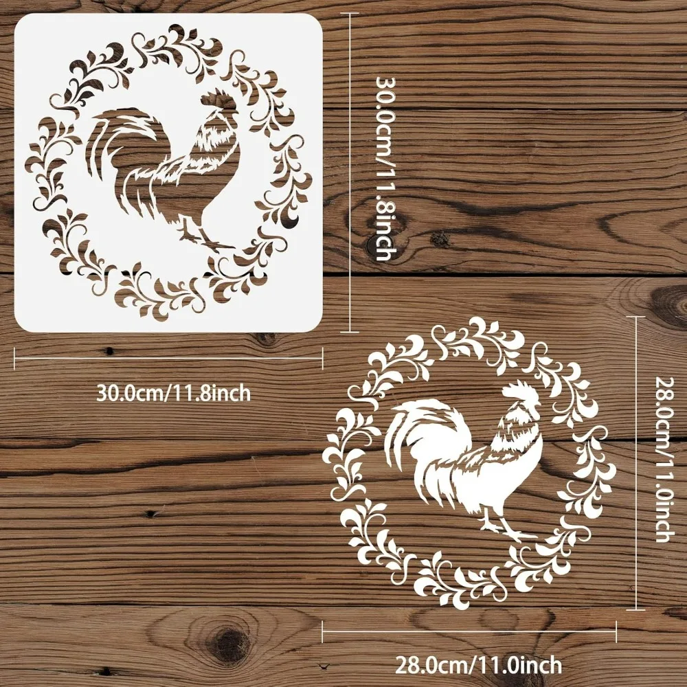 Wreath Rooster Stencil 11.8x11.8inch Reusable Rooster and Garland Drawing Stencil DIY French Rooster Decoration Template Farm