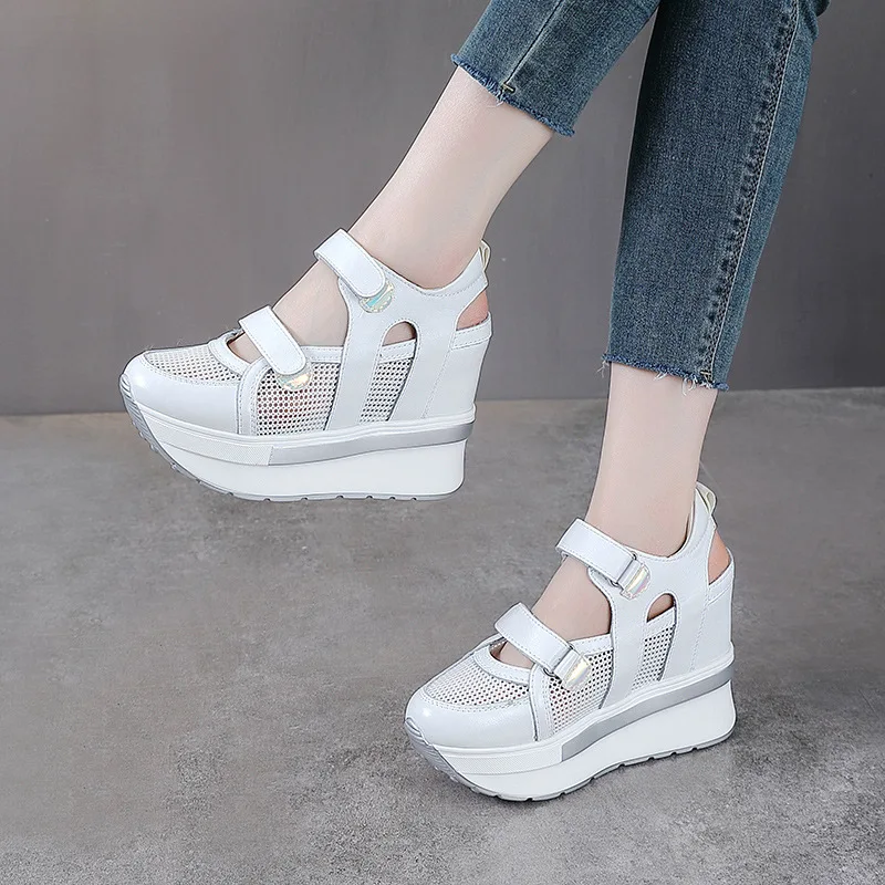 Fujin 10cm Air Mesh Genuine Leather Platform Wedge Flats Sneakers Hook Summer Women Comfy Fashion Chunky Sneaker Sandals Shoes