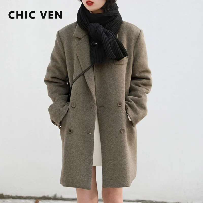 CHIC VEN Women Woolen Coat Solid  Retro Clip Cotton Double-breasted Long Thick Warm Winter Women\'s Overcoat Padded Office Lady