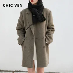 CHIC VEN Women Woolen Coat Solid  Retro Clip Cotton Double-breasted Long Thick Warm Winter Women's Overcoat Padded Office Lady