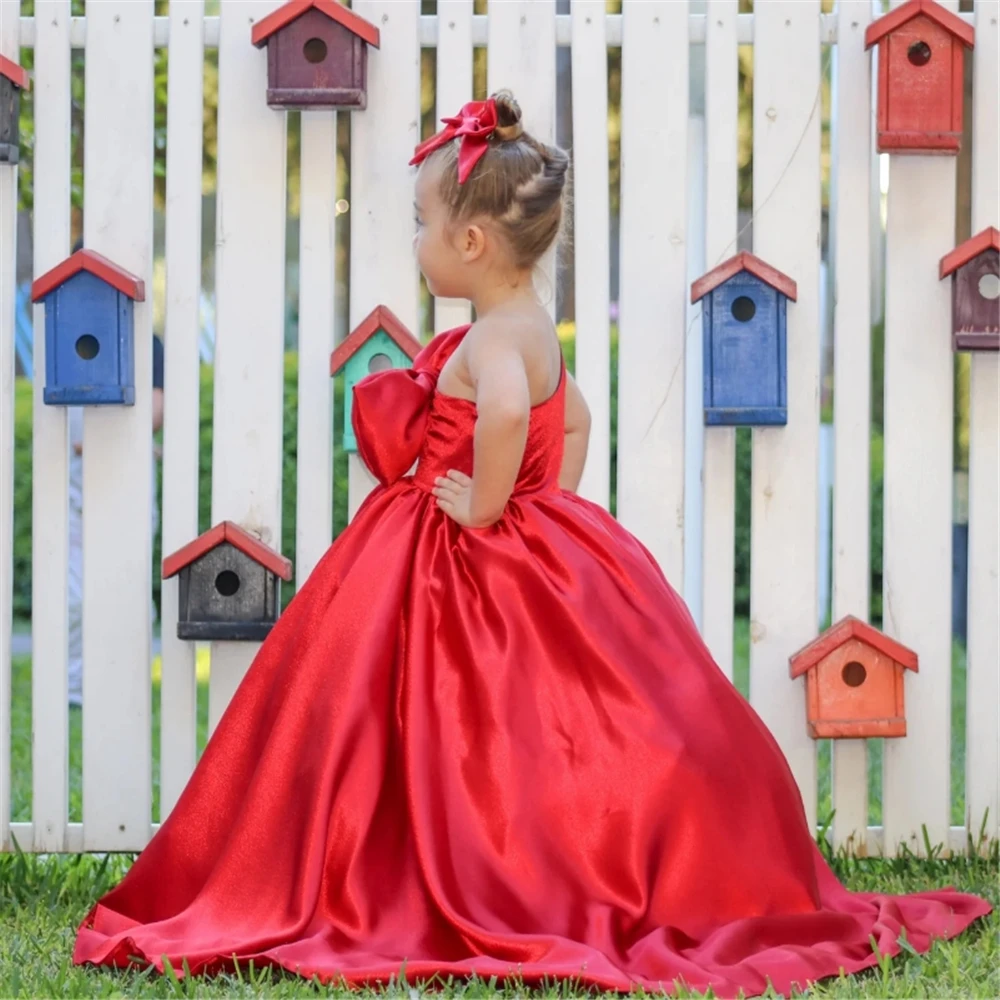 Vestido de niña de flores de Color satinado, vestidos de novia de lujo con plumas de mariposa y lazo de perlas, vestidos de cumpleaños para niños de primera comunión hinchados