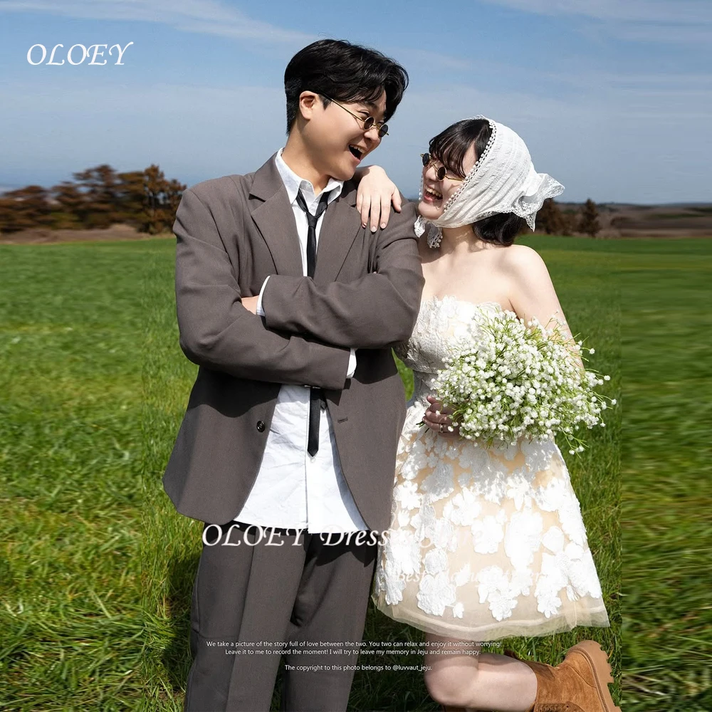 

OLOEY Exquisite Lace Floral Mini Short Wedding Party Dresses Strapless Bride Gowns Garden Robe de mariage Customized 2025