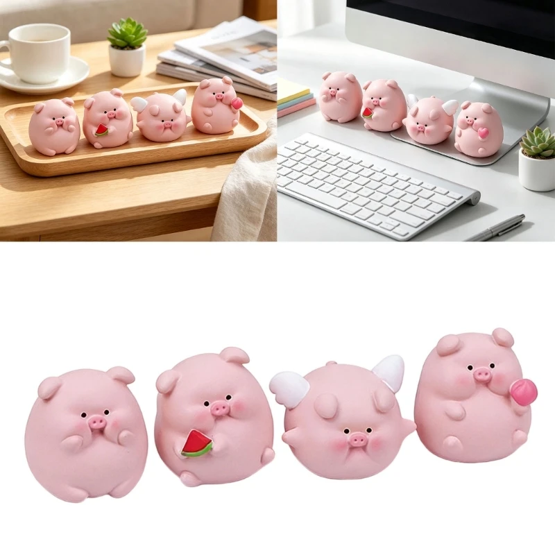 Car Dashboard Pig Figurine Ornament Set 4Pcs Small Resin Pig Figures for Office Desk Shelf Styling Animal Display Accent