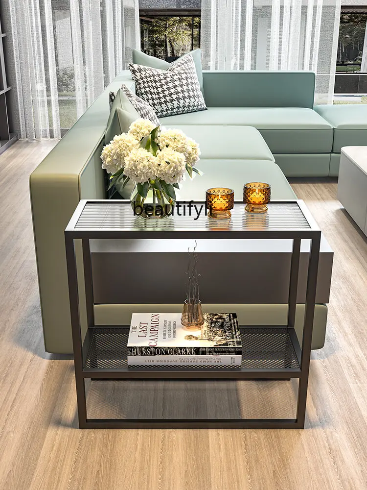 Light Luxury Rectangular Glass Side Table Living Room Simple Corner Table Nordic Iron Small Coffee Table Sofa Edge Narrow Table