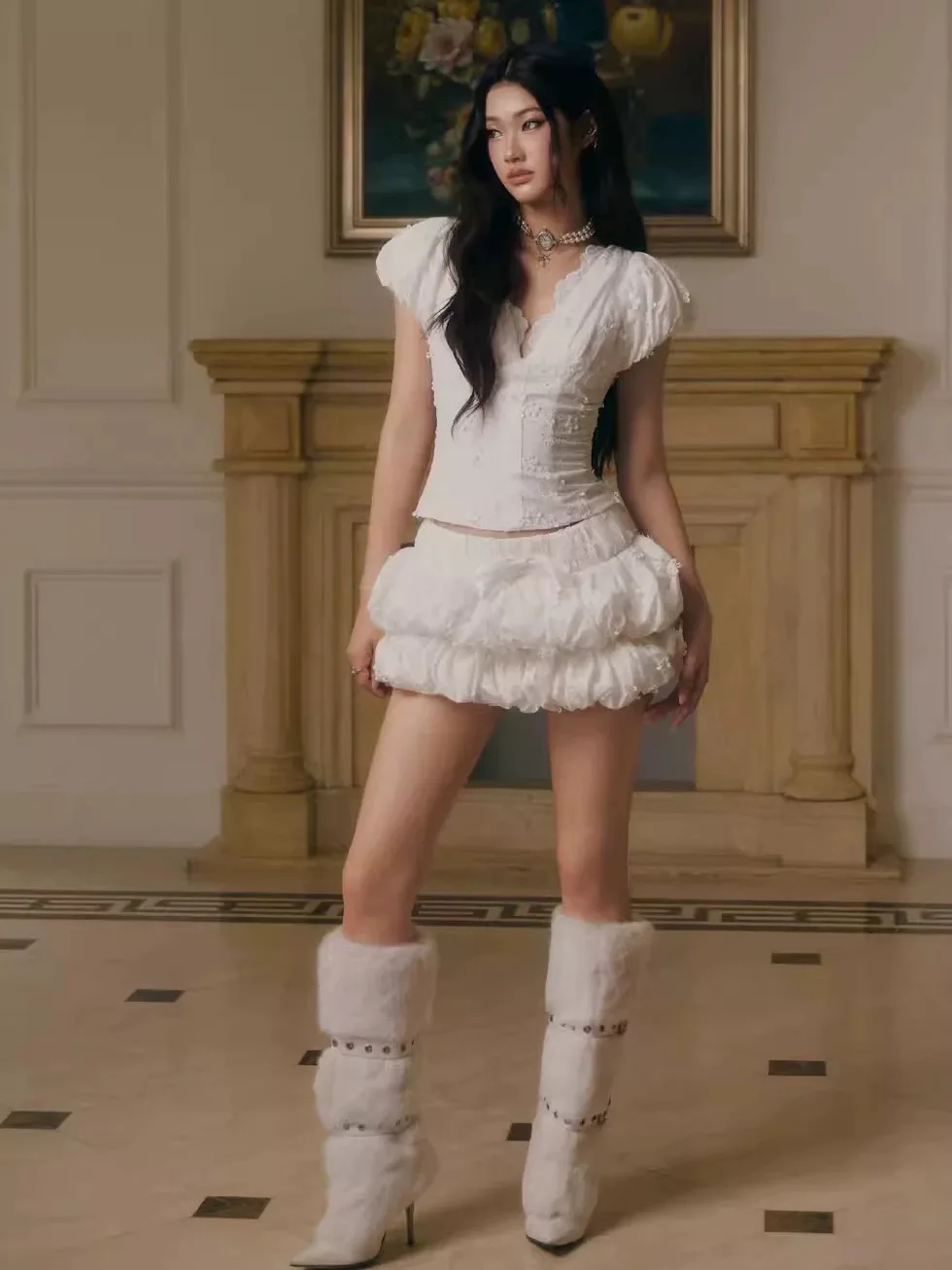 

Sweet Sle Small Top V-Ne Lace Splicing 3D Embroidery Design Bubble Sve ort Sve Women's irt Skin-friendly Breath...