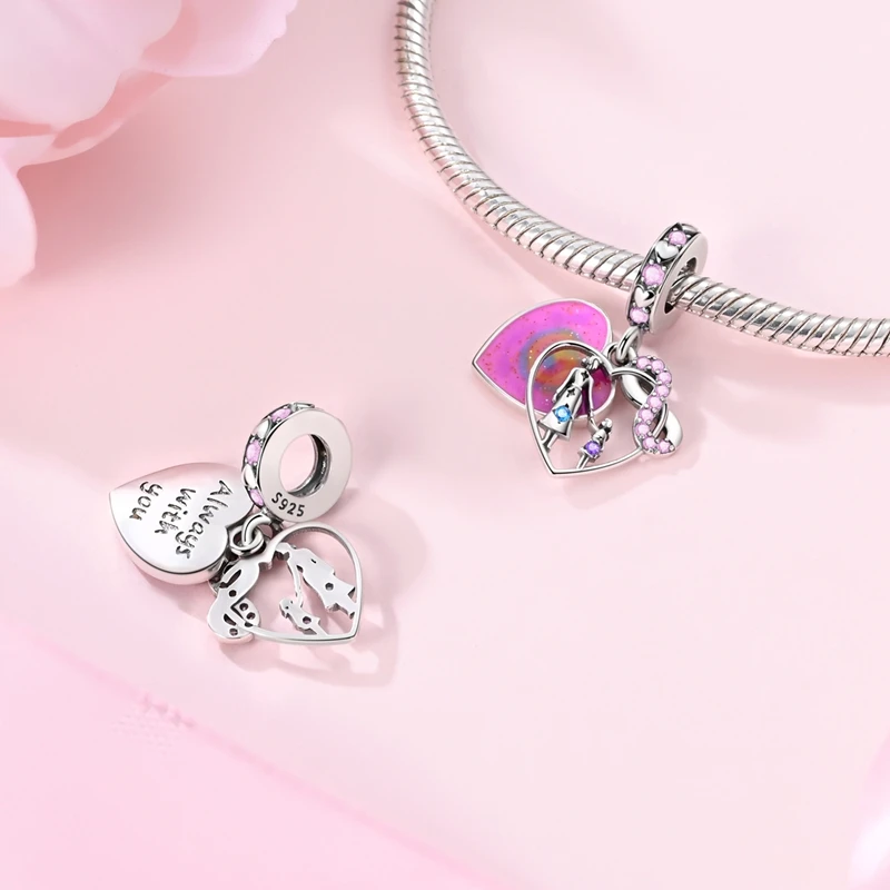 Charms Plata De Ley 925 핑크 컬러 시리즈 Charms 핑크 하트 이어폰 비드 오리지널 여성 기념일 DIY 쥬얼리 Charms