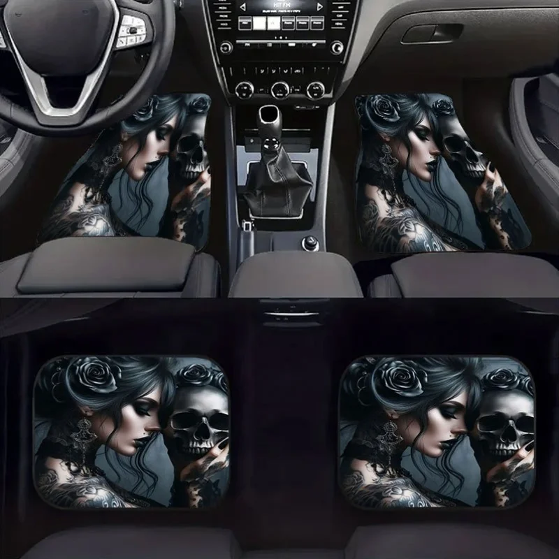 A Collection Of Four Car Floor Mats Featuring A Skull And Rose Design, Made From Crystal Velvet Material. These Universal Mats A