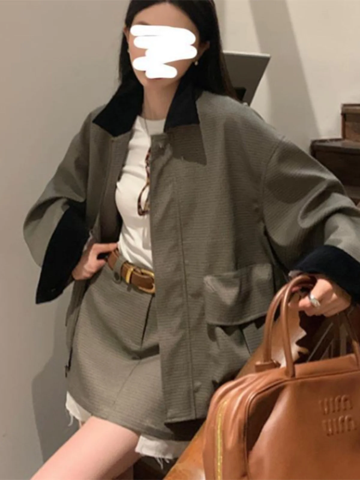

Fashionable Color Block Jacket Set for Women Casual Loose Vintage Workwear Spring 2025 Long Sleeve Zipper Closure Outfit