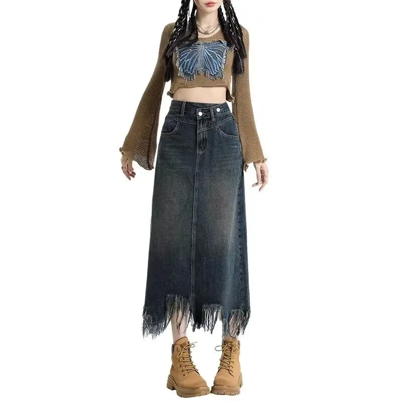 

Корейская однотонная джинсовая юбка с бахромой и асимметричным подолом для женщин, весна 2026, новая модная универсальная элегантная повседневная юбка-полусарафан