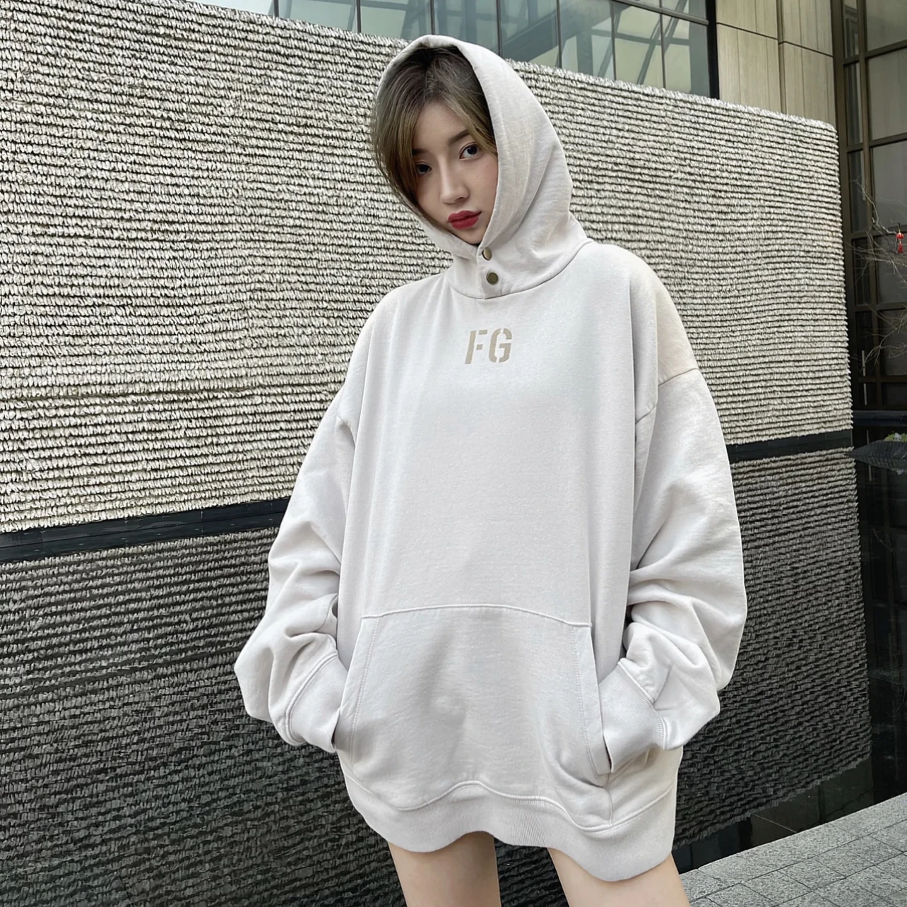 FOG  Fleece Lined Hoodie Velvet Fabric Text Pattern Unisex Autumn Casual Loose Fit Sweatshirt Street Style