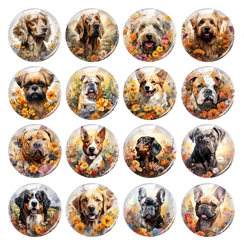 Handmade Cute Floral Dog Puppy Photo Glass Cabochon Flatback Charms Demo Flat Back Cameo For Diy Jewelry Making Accessory