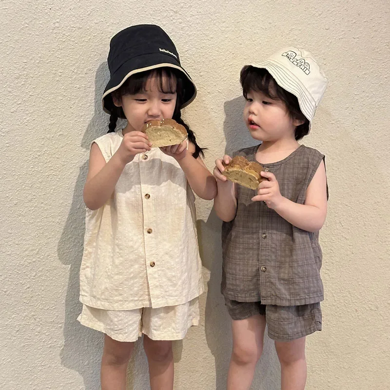 

2024 New Summer Kids Clothing Set Boys Vest And Shorts 2 Pcs Suit Casual Girls Clothes Set