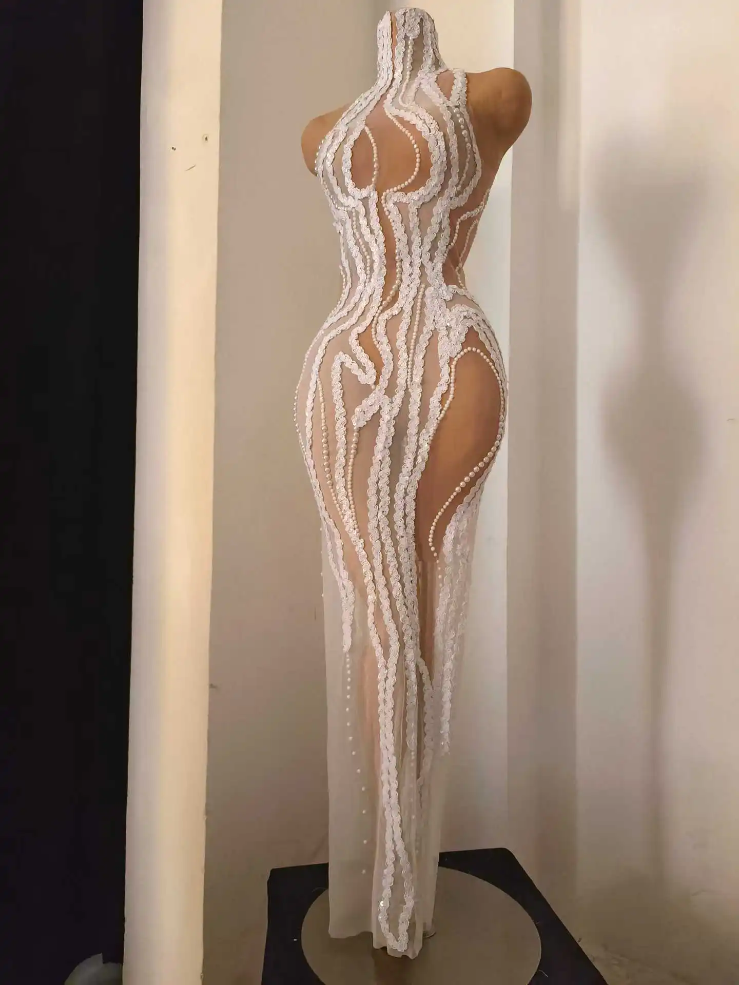 

White Mesh Long Sleeveless Pearl Sexy Lady Stage Wear Women Dress Wedding Evening Prom Outfits 2026