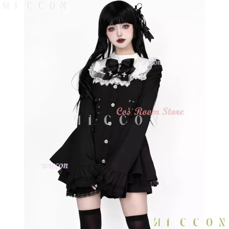 فانتازيا الهالوين جديد جيراي كي الزي لوليتا الفتيات بلوزة فستان السراويل النساء Kawii القوس الأسود Disfraz De Mujer
