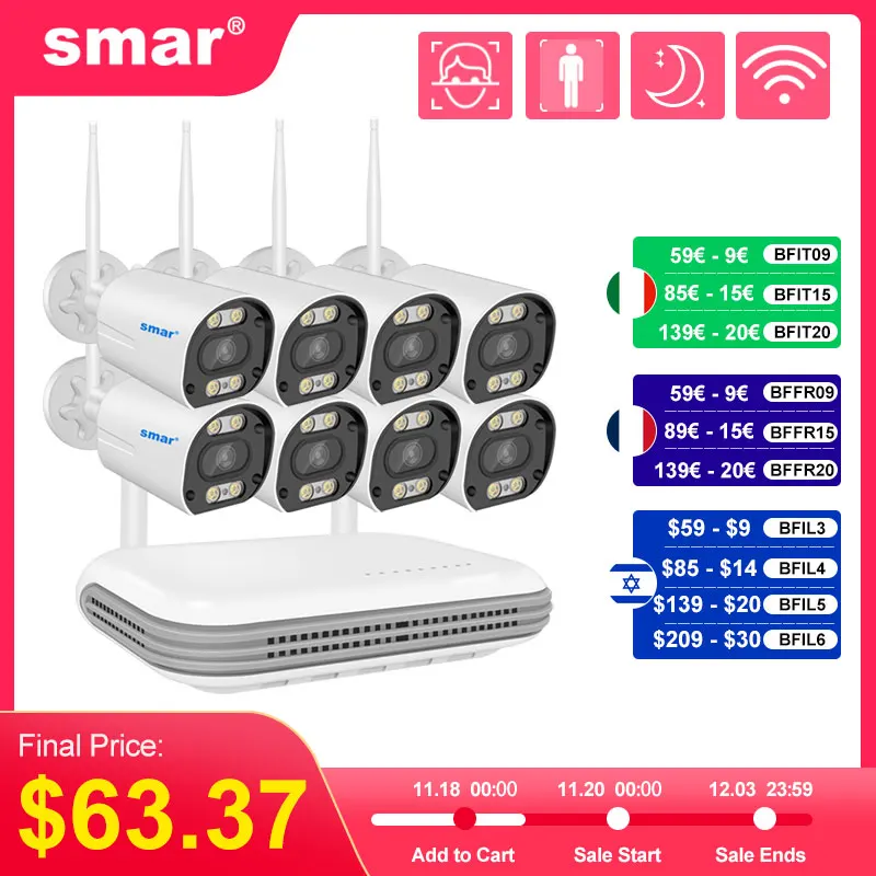 

Беспроводная система видеонаблюдения SMAR, комплект с Wi-Fi камерой H.265 3 Мп HD, аудио, ии, обнаружение лица, IP 8CH NVR, комплект видеонаблюдения ICSee