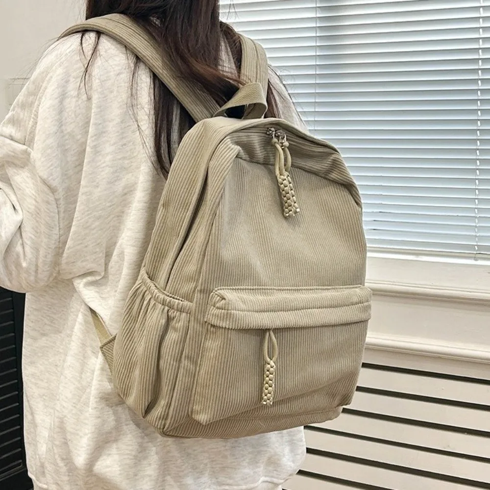 Lightweight Corduroy Backpack Solid Color Large Capacity Students School Bag Japanese Style Portable Students Daypack