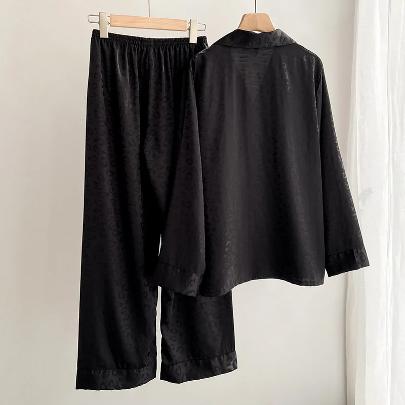 Pajamas Pour Femme Black Leopard Pyjamas 2Pcs Sleepwear Long Sleeve Shirt&pants Women\'s Home Clothes Silk Satin Loungewear