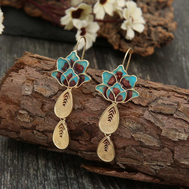 New Bohemian Style Metal Handmade Oil Blue Lotus Series Long Women's Earrings