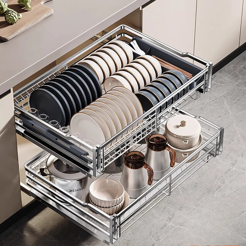 304 Stainless Steel Double Drawer Type Storage Dish Rack Cabinet Kitchen Cabinet Blue