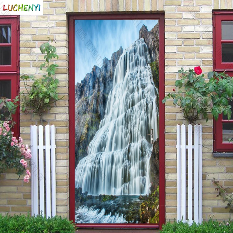 

Papel de parede waterfall cliff trees grass beautiful landscape door sticker bedroom door wallpaper mural , home decoration