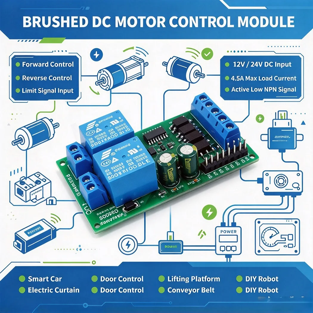 Brushed DC Motor Forward Reverse Controller Module 12V/24V 4.5A with Limit Switch 9 Modes Momentary Self-locking NPN