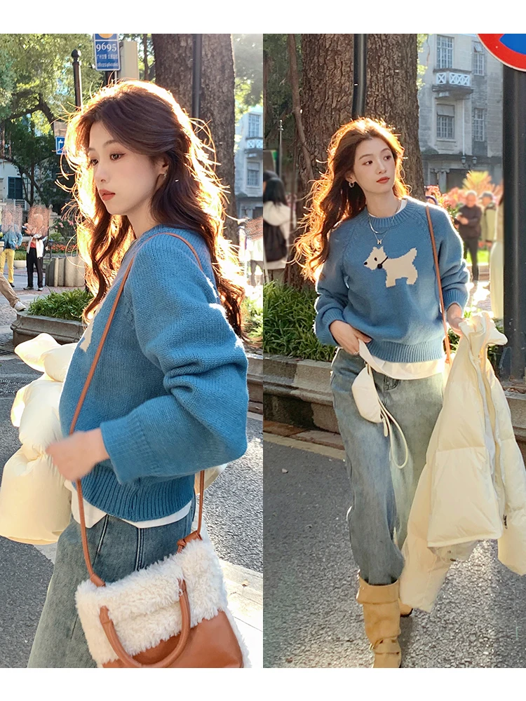 

Blue round Ne Knitted Sweater Women's Loose Fit Comfortable Warm Winter New Sle Fce Lined Dog Patterned Top