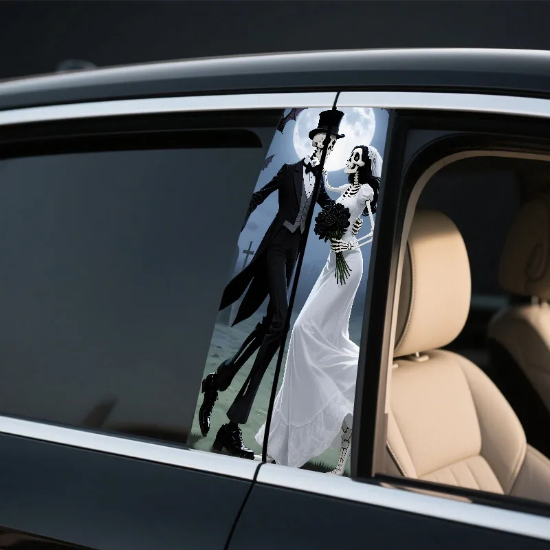 

9.84 inchX19.69 inch 2PCS new skeleton bride and groom cemetery name scene car center pillar sticker B-pillar sticker car decal