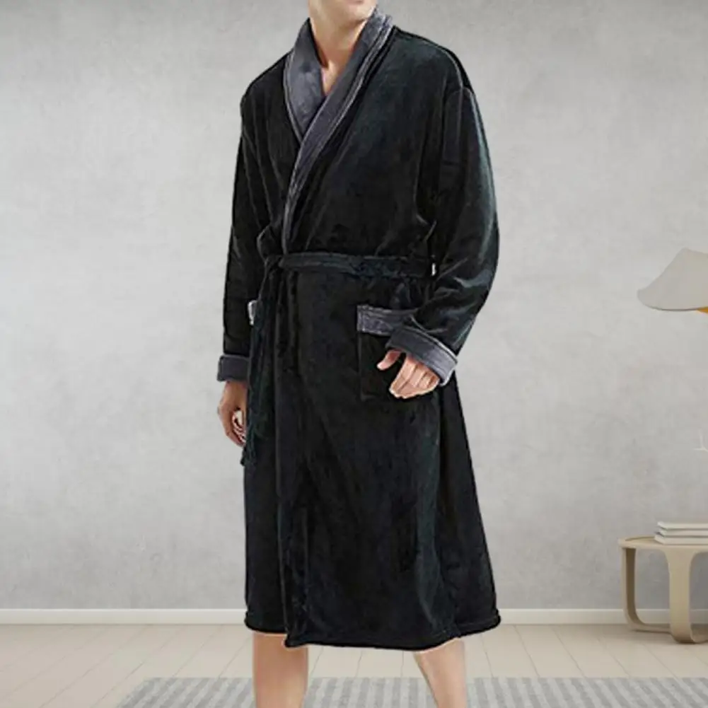 Unisex Bathrobe Cozy Men\'s Winter Nightgown with Plush Coral Fleece Long Sleeves Tie Waist Stylish Homewear Robe for Great Water