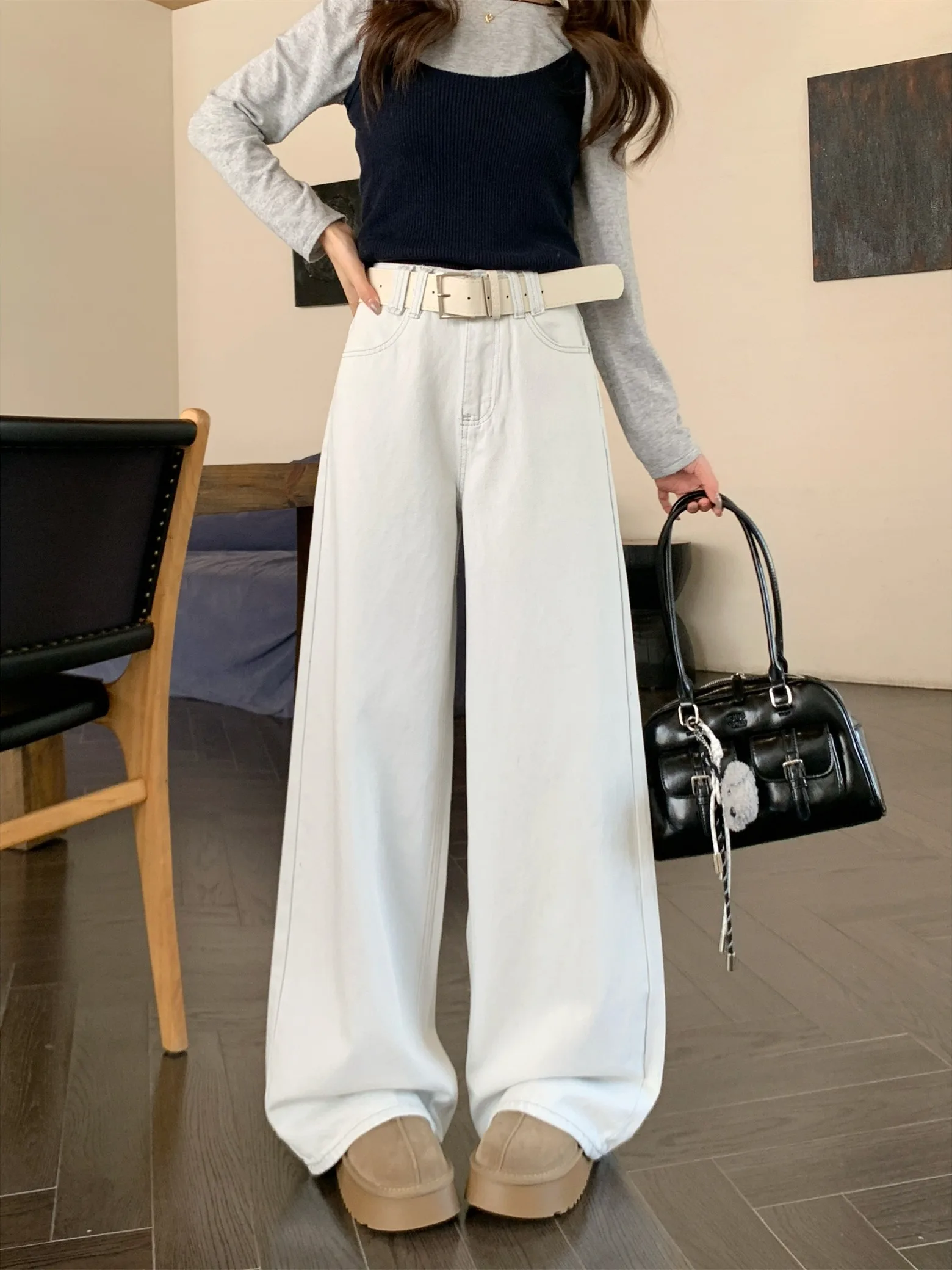 

plus Size Women's American Retro Light Denim Wide Leg Pants Autumn Winter New Loose Straight Floor-Length Trousers