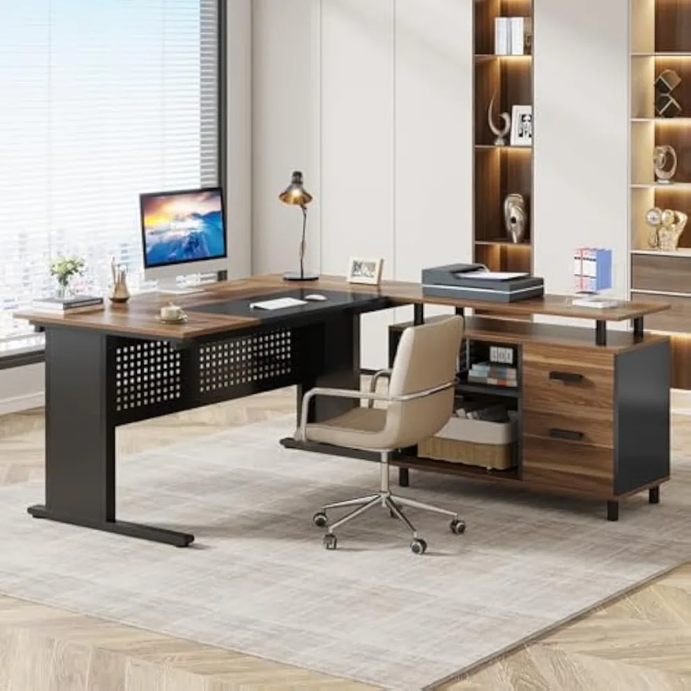 63 Inch Executive Desk with File Cabinet, Large Office Desk L Shaped Computer Desk with Drawers and Storage Shelves