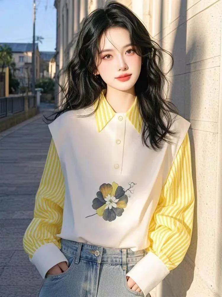 

New Woman Blouses Shirt Vest Fake Two Piece Polo Neck Fashion Versatile High Loose End Striped Spring and Autumn Edition 2025