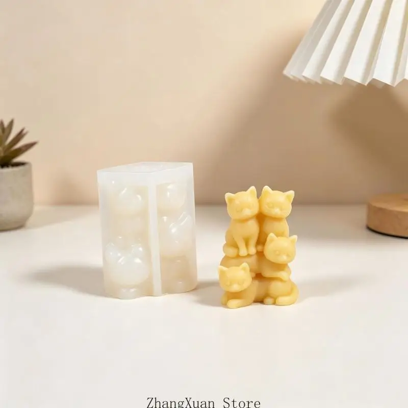 3D-Kerzenform aus Silikon mit vier geformten Katzen, Schichtdetail, flexibel, leicht zu lösen für duftendes Bastelprojekt 3XUF – Detail 7