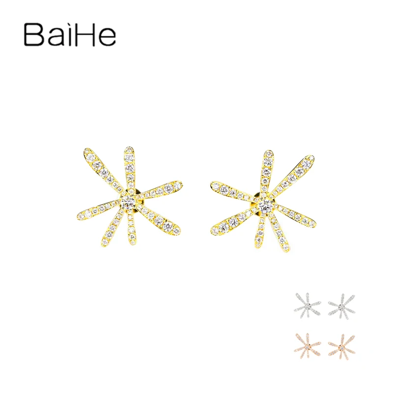 BAIHE Solid 14K White/Yellow Gold H/SI Natural Diamond Flower Stud Earrings for Women Wedding Fine Jewelry pendiente イヤリング