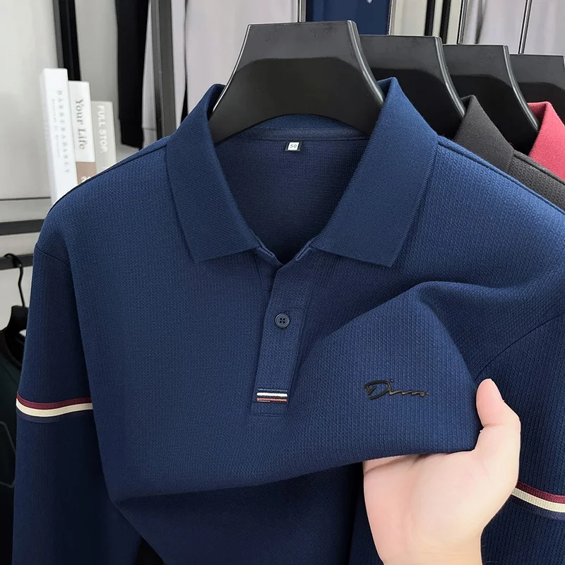 

Luxury Quality Men's Polo Shirt Striped Placket Embroidered Letter Print Long Sleeve Autumn Lapel T-Shirt Business Menswear Top