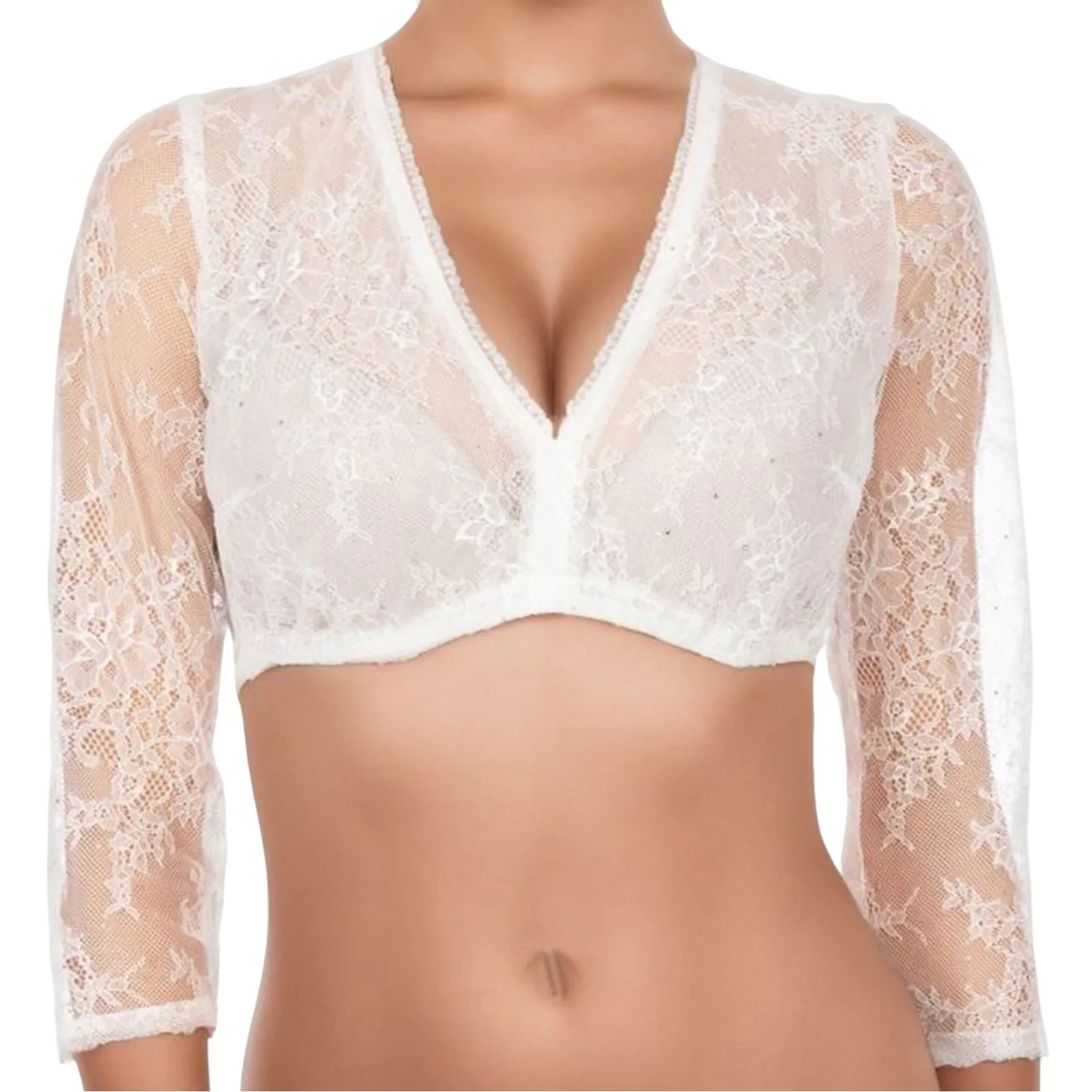 Women\'s Elegant Dirndl Blouses Solid Color Lace Transparent Sexy Tops Deep V Neck Long Sleeve Small Shirt For Oktoberfest