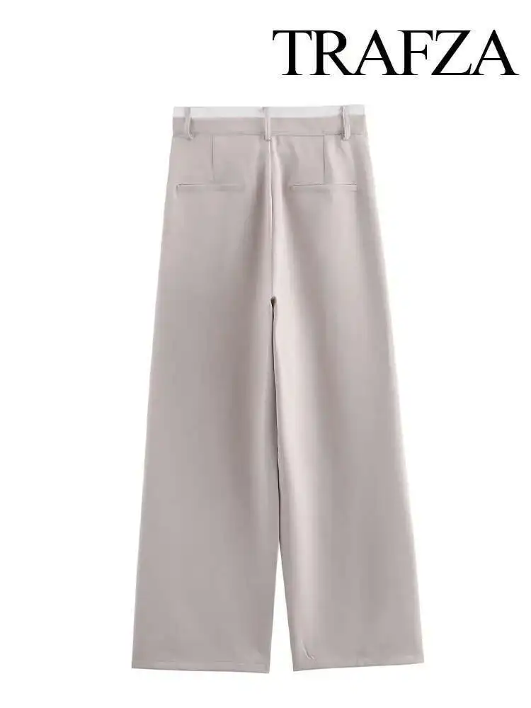 

New Women Elegant Solid Color High Waist Casual Trousers Woman Chic Zipper Pocket Decoration Office Lady Loose Wide Leg Pants