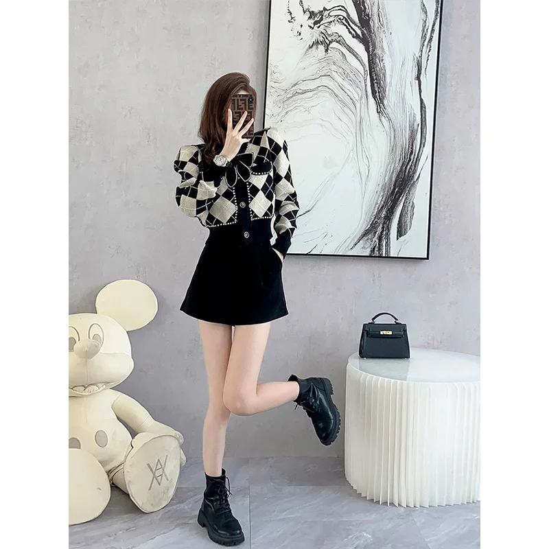 Women Clothing New Fashion Black Plaid Bow Knitted Cardigan Autumn Winter Elegant Slim O-neck Warm Sweater Diamonds Commute Top