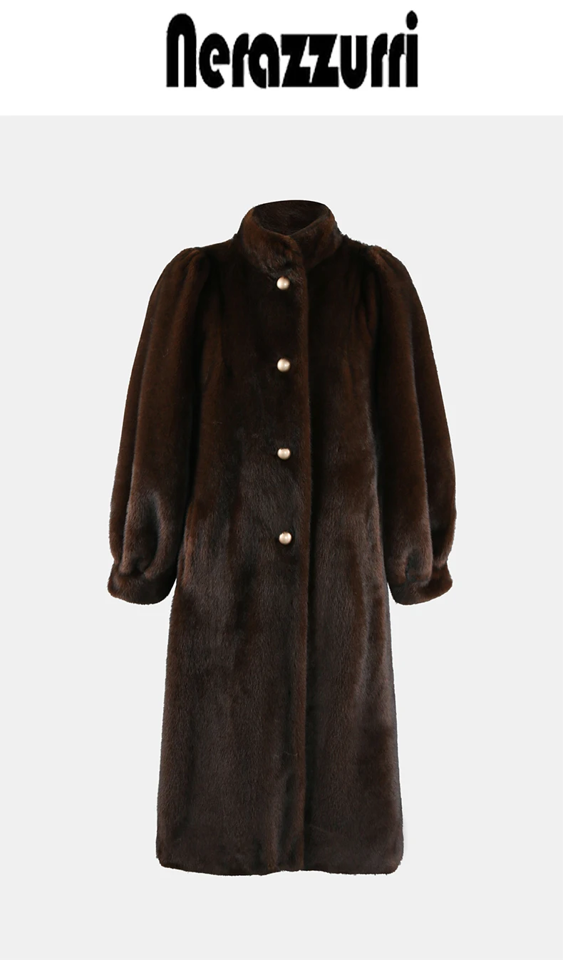 Nerazzurri Winter Long Thick Warm Soft Fluffy Brown Faux Mink Fur Coat Women Single Breasted Elegant Luxury Designer Clothes