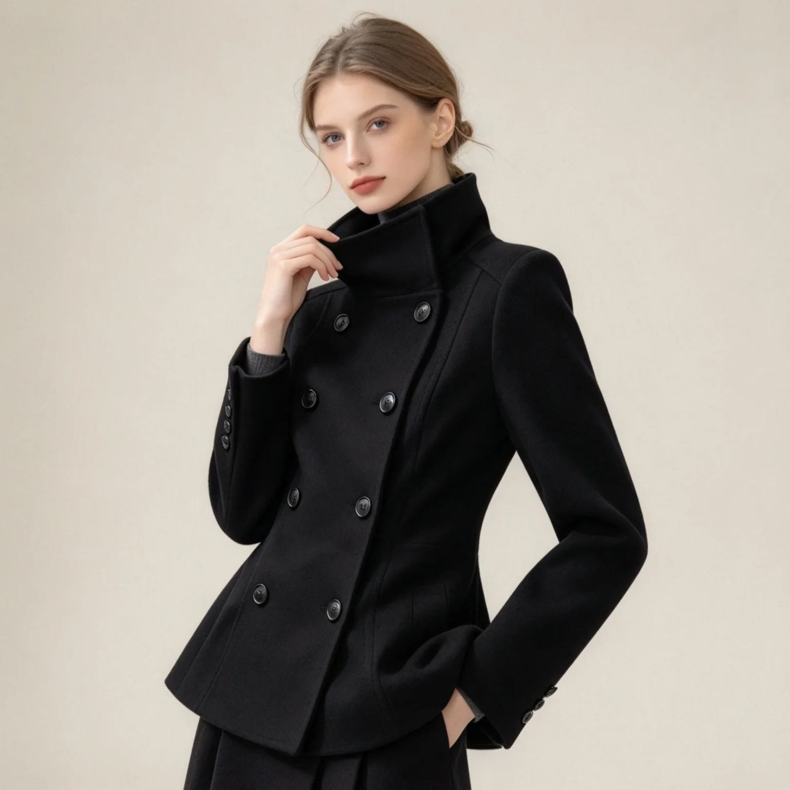 Double Breasted Stand Collar Wool Blend Coat Slim Fit Flared Hem Long Sleeve Winter Jacket