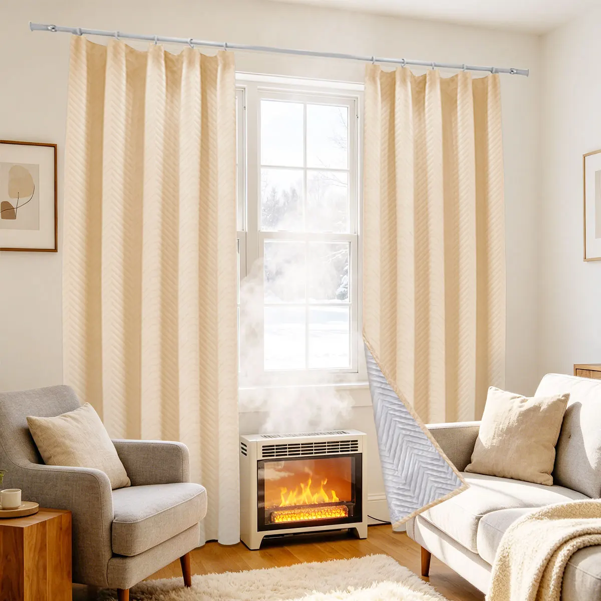 Beige Chevron Quilted Thermal Door Curtain Window Drapes 2Pcs,4-Prong Hook Medium Shading Windproof Insulated Patio Door Cover