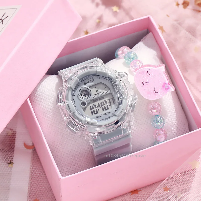 Children's Electronic Watch Teenage Couple Fashion Sports Multifunctional Watch and Acrylic Beaded Bracelet Set Gift for Kids
