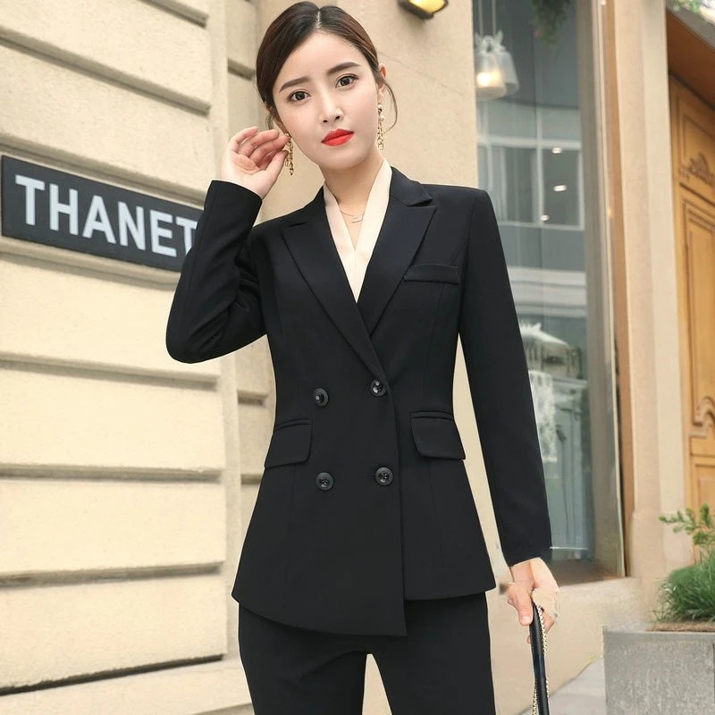 DIY(2-piece jacket and pants set) free shipping，Korean high-end women\'s suit set, solid color, large size work clothes